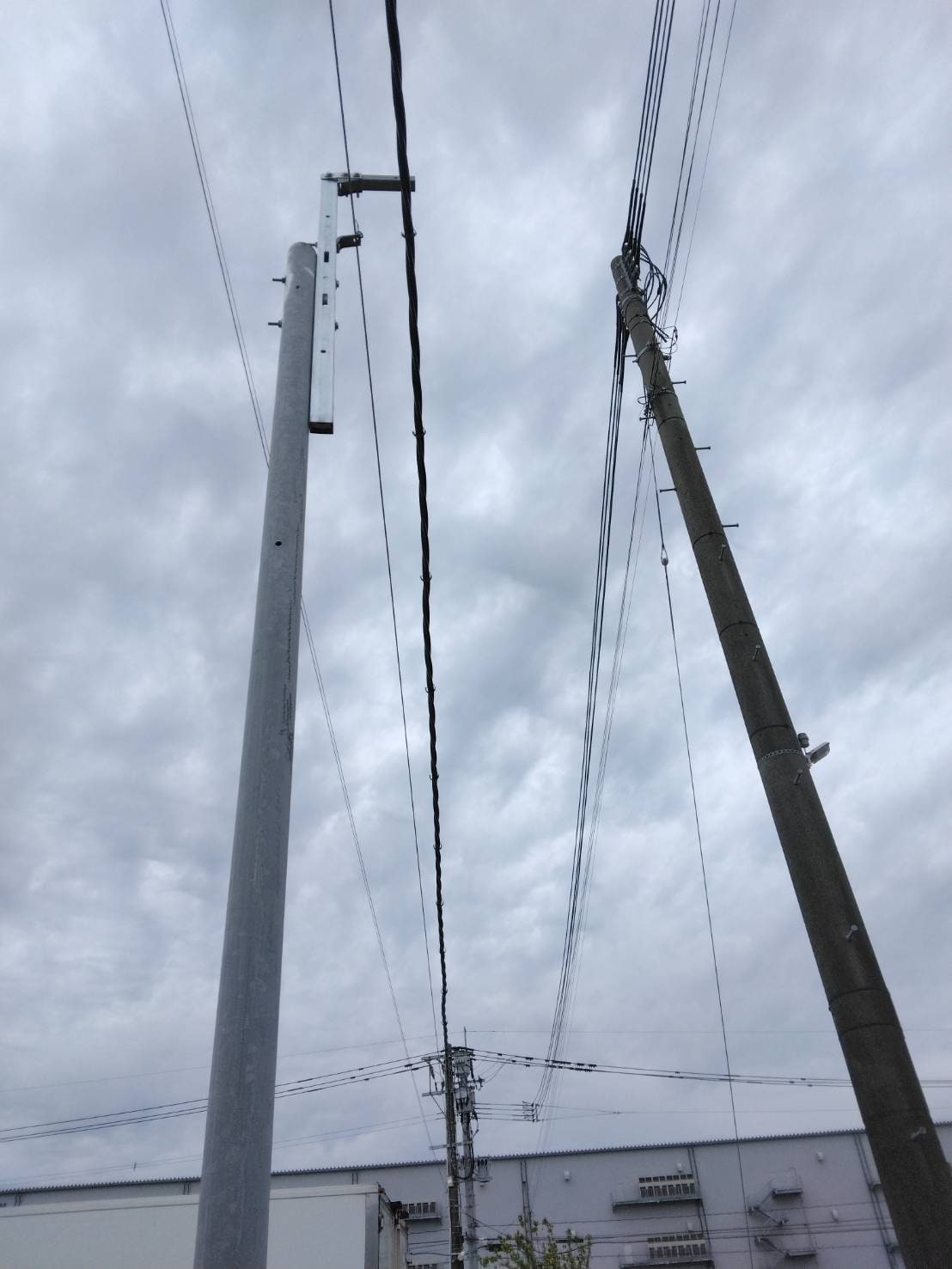 新設された金属柱と既設コンクリート柱の新旧対比